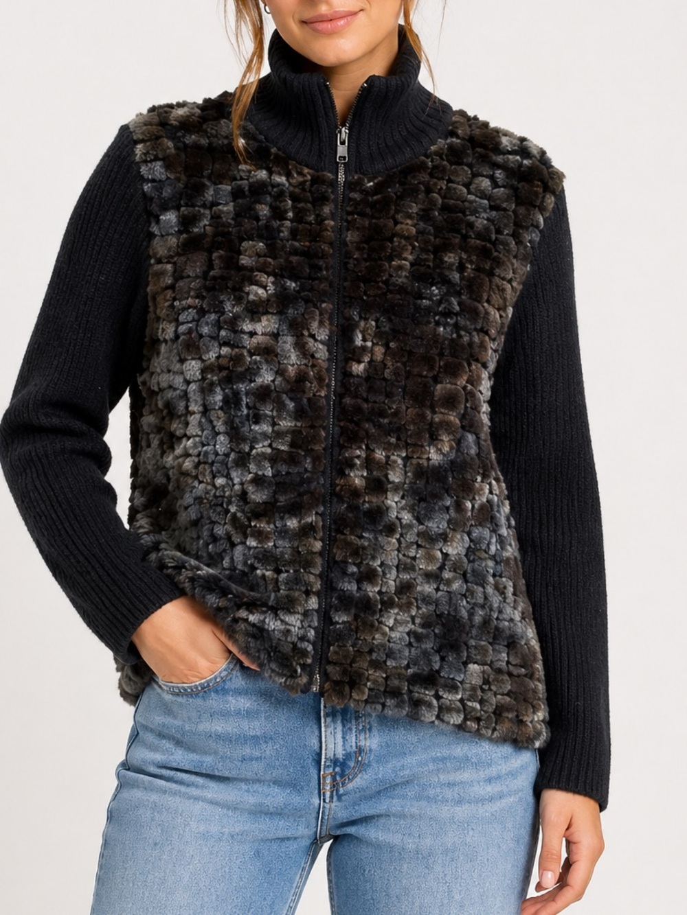 Parkhurst Vintage Cotton Faux Fur Full Zip Up Sweater Jacket Y2K Long Sleeve